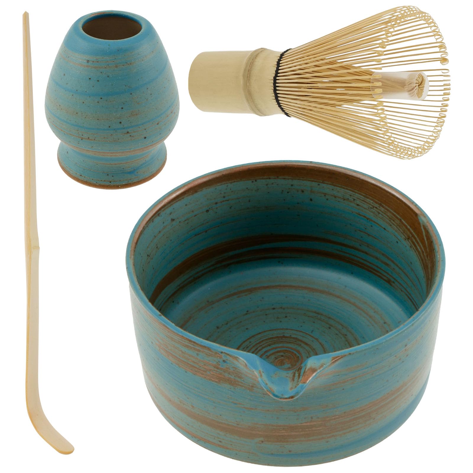 4Pcs Japanese Matcha Tea Set - Ceramic Bowl with Bamboo Whisk, Holder and Scoop Traditional Tea Ceremony Kit (F)