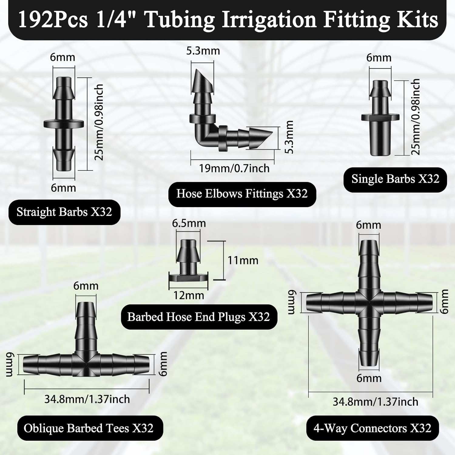 192Pcs Barbed Connectors Drip Irrigation Kits, 1/4''Tubing Barbed Hose Irrigation Fittings Kits for Garden Lawn Flower Pot (4-Way Connector, Straight Barb, Elbows, Single Barb, Tees, End Plug)