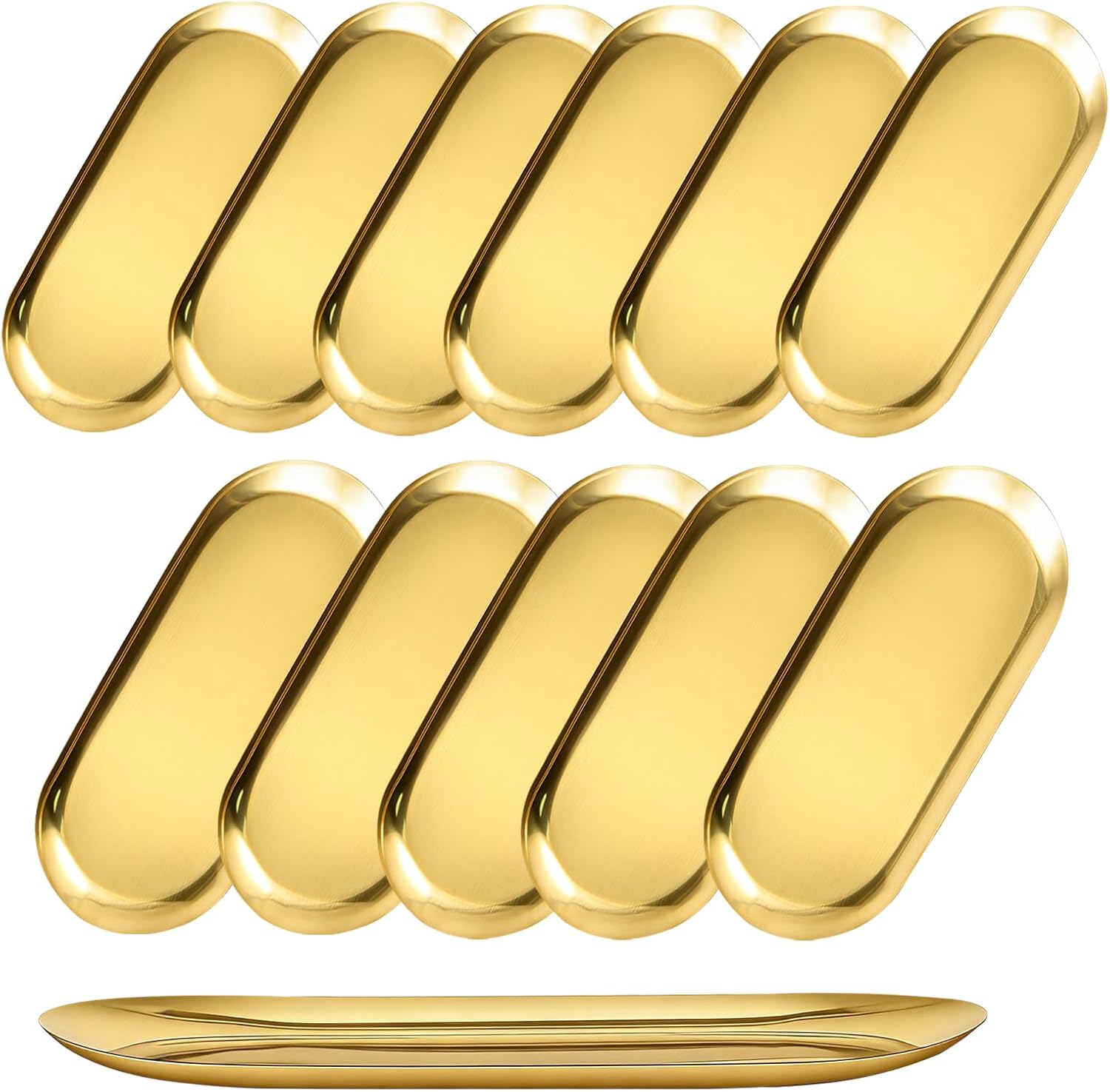12 PCS Stainless Steel Serving Tray, 10x4.3 Inch Gold Decorative Tray Metal Oval Trays Oval Storage Trays for Dressing Table, Counter, Bathroom