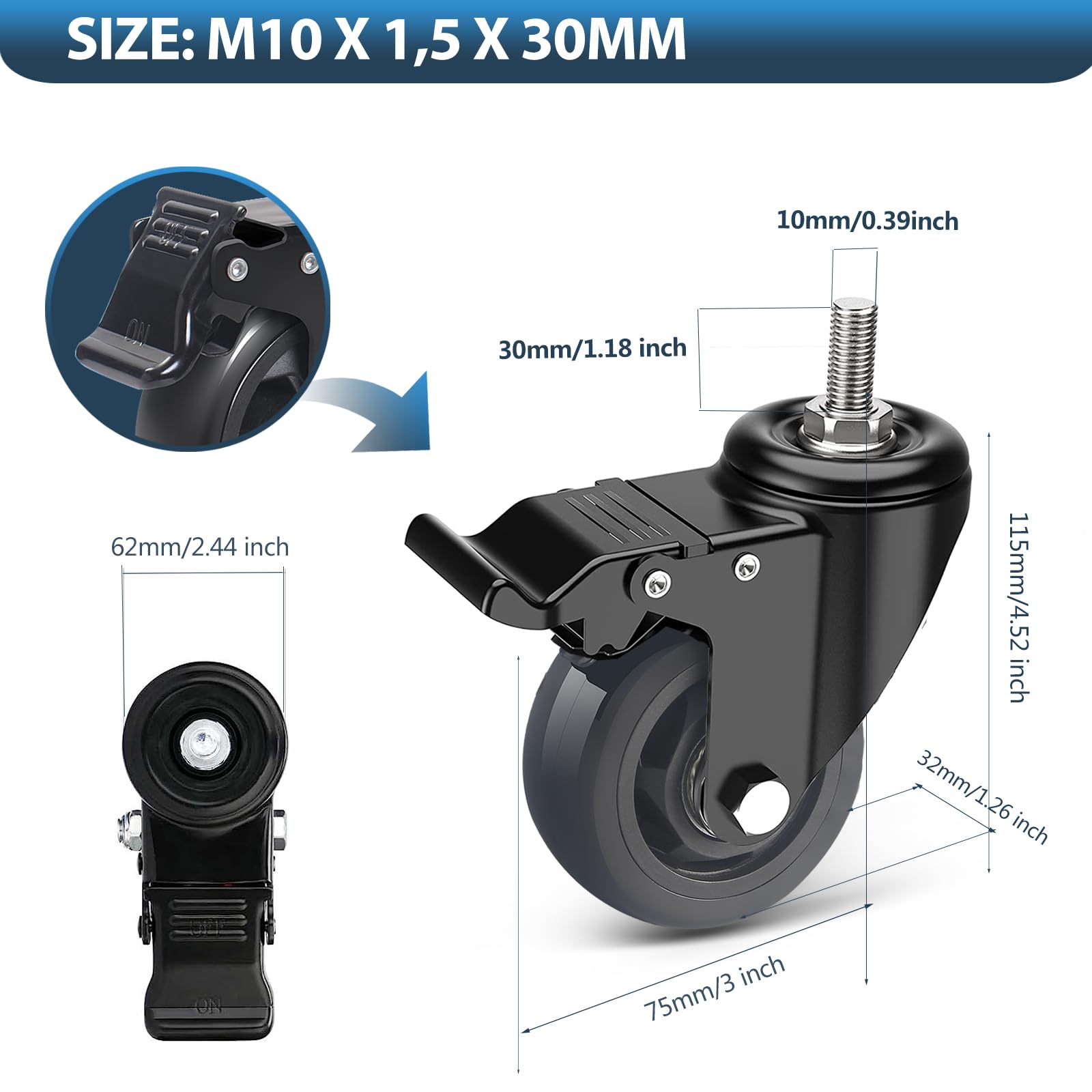 Kółka skrętne 75 mm z hamulcem, 4 sztuki kółek meblowych ze śrubą M10 x 1,5 x 30 mm, kółka do dużych obciążeń wraz z akcesoriami montażowymi, kółka transportowe obracane o 360° do 400 kg, rolki
