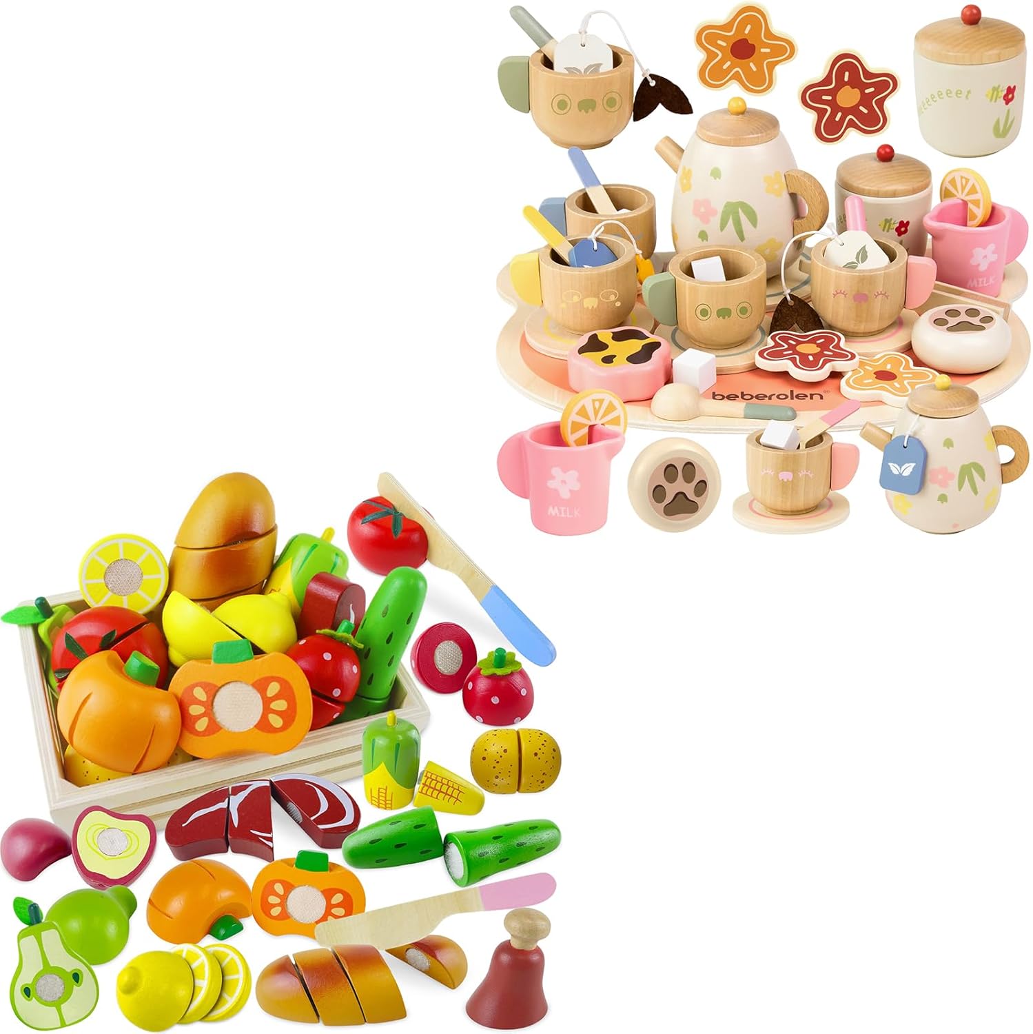 Wooden Tea Sets for Toddlers 3-5 and Wooden Cutting Fruit Play Food Set Toy