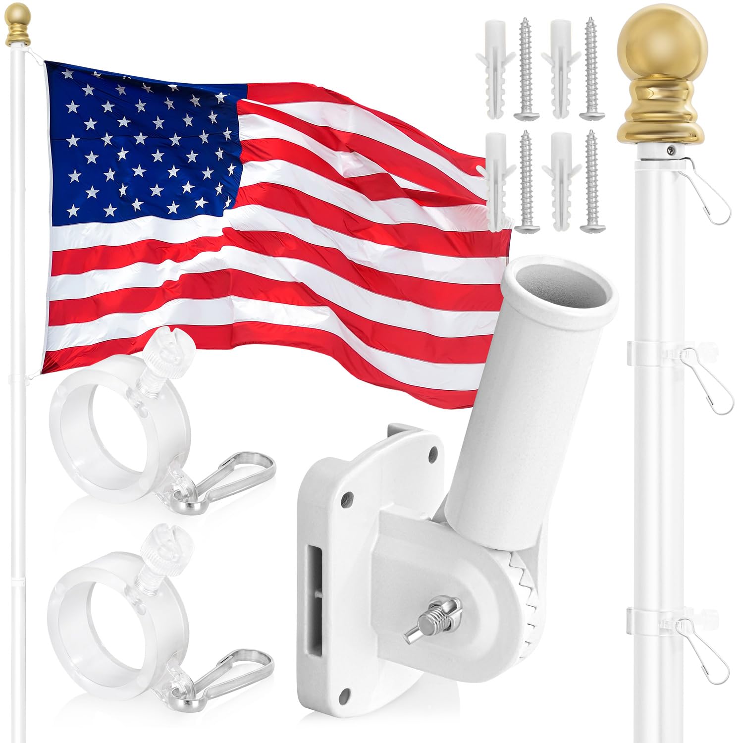 Flag Pole Holder for Outside House with 100% Made in USA American Flag Flag Pole for Outside House Pole Kit 6 Foot Tangle Free Spinning with Mounting Bracket Flagpole Outdoor House & Porch Use