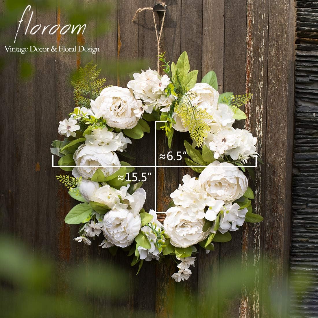 Blumenkranz, Türkranz, künstlicher weißer Pfingstrosenkranz für Haustür, 38,1-40,6 cm, Haustürdekoration, Wanddekoration