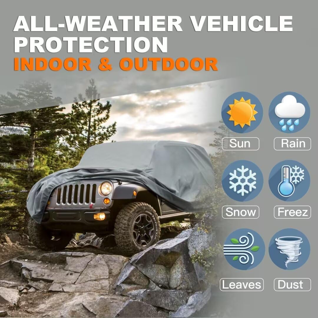 Kayme Funda de coche de servicio pesado para Jeep 4dr, ajuste personalizado para Jeep Wrangler Unlimited de 4 puertas, JK JL Rubicon/Sahara, etc. Impermeable para todo tipo de clima, cubierta completa