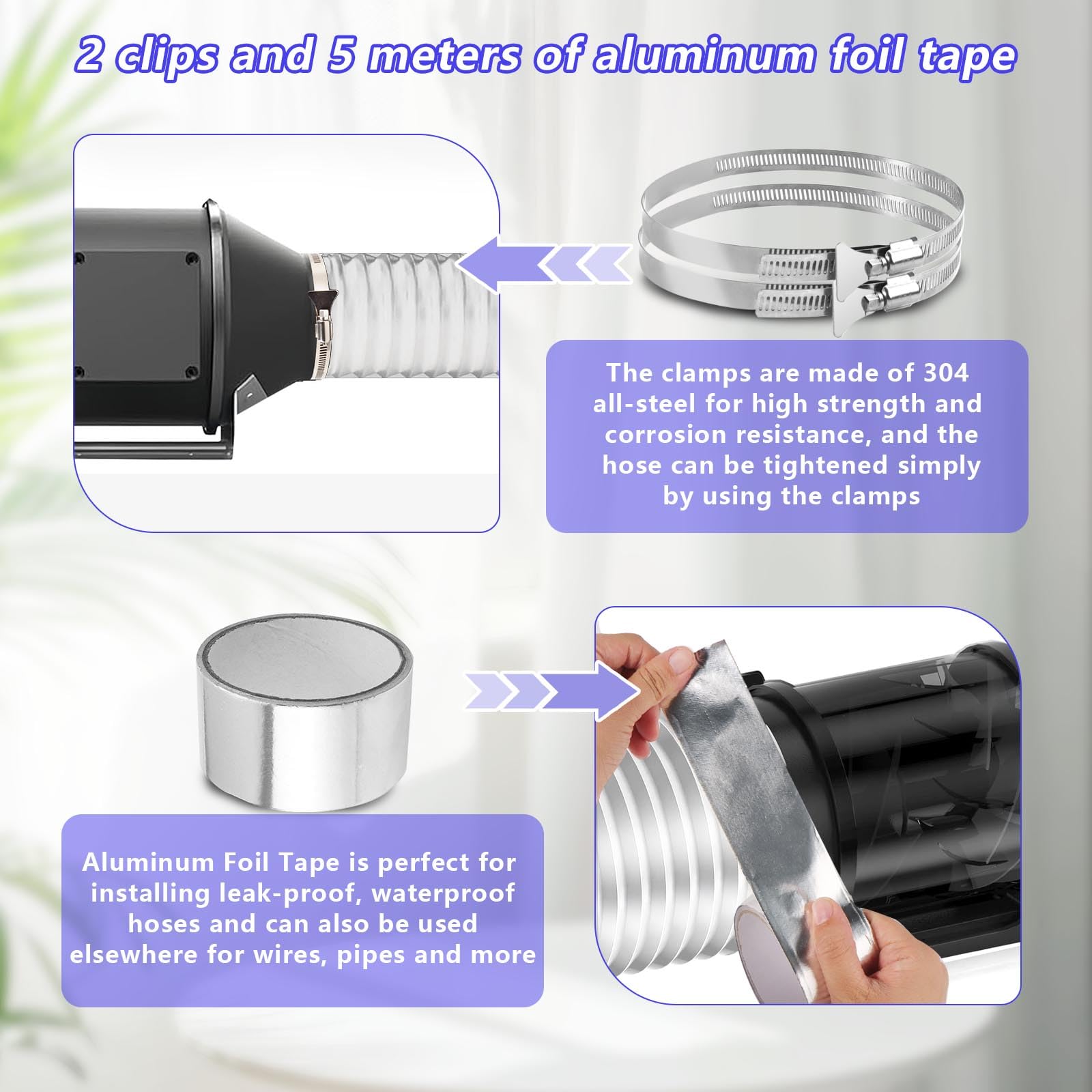 80mm Tumble Dryer Vent Hose 4.2m Long PVC Aluminium Flexible Ducting Hose with 2 Clamps,1 Volume Tape White Air Ducting Vent for Air Conditioner HVAC Ventilation - Image 4