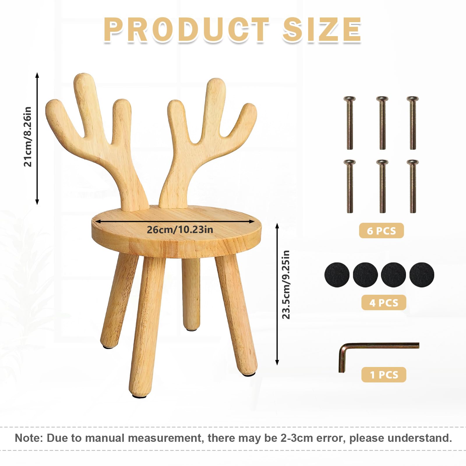 Kinderstuhl Holz ab 3 Jahren – Massivholz Kinderhocker 45 x 26cm mit Hirschgeweihform-Rückenlehne, kinderhocker holz 25cm Sitzhöhe, stabiler Holzstuhl für Kinderzimmer, Essen, Malen & Lesen
