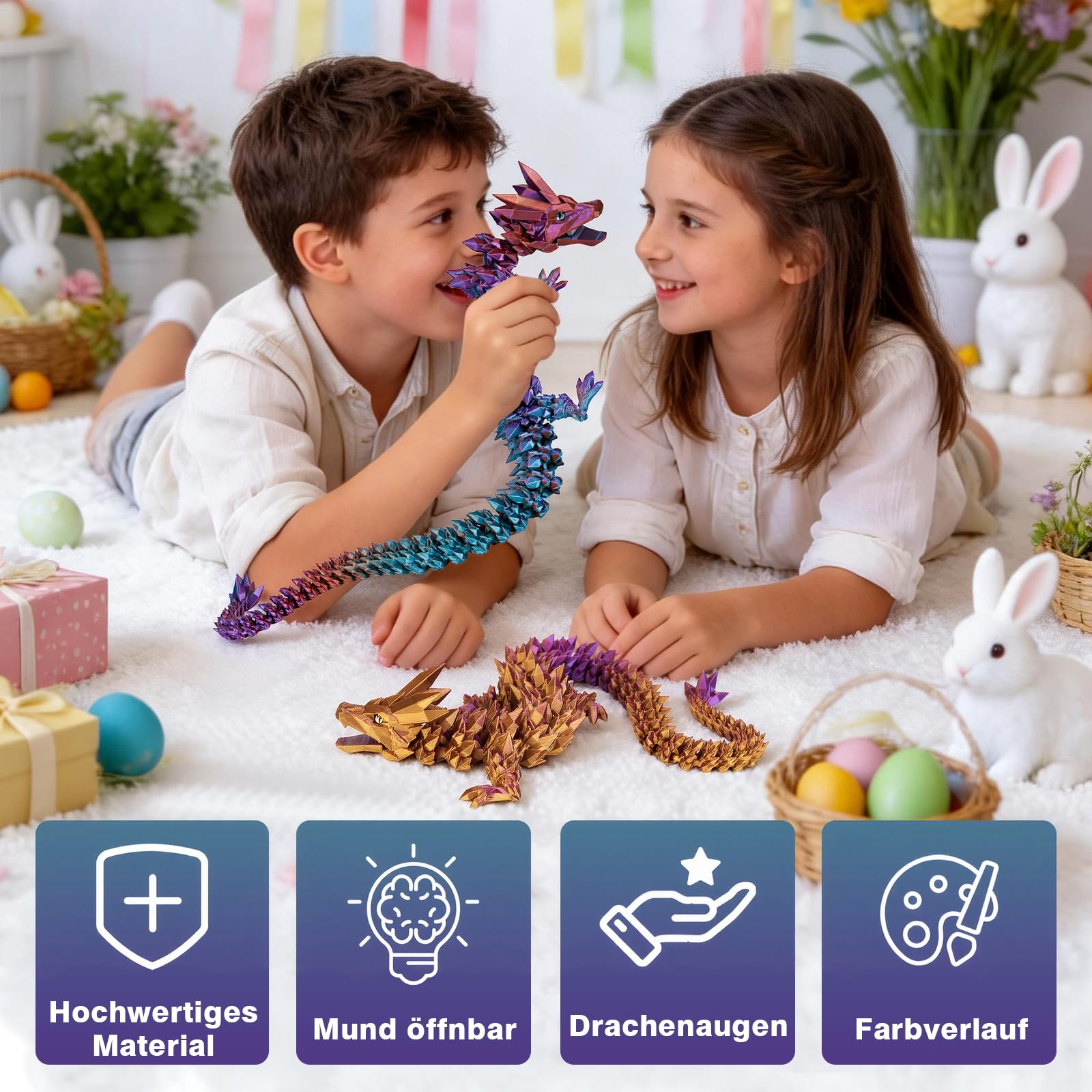 Drago stampato 3D, 60 cm, giocattolo con gli occhi, misteriosi figure di drago realistico, con articolazioni eque, in cristallo, regalo per bambini