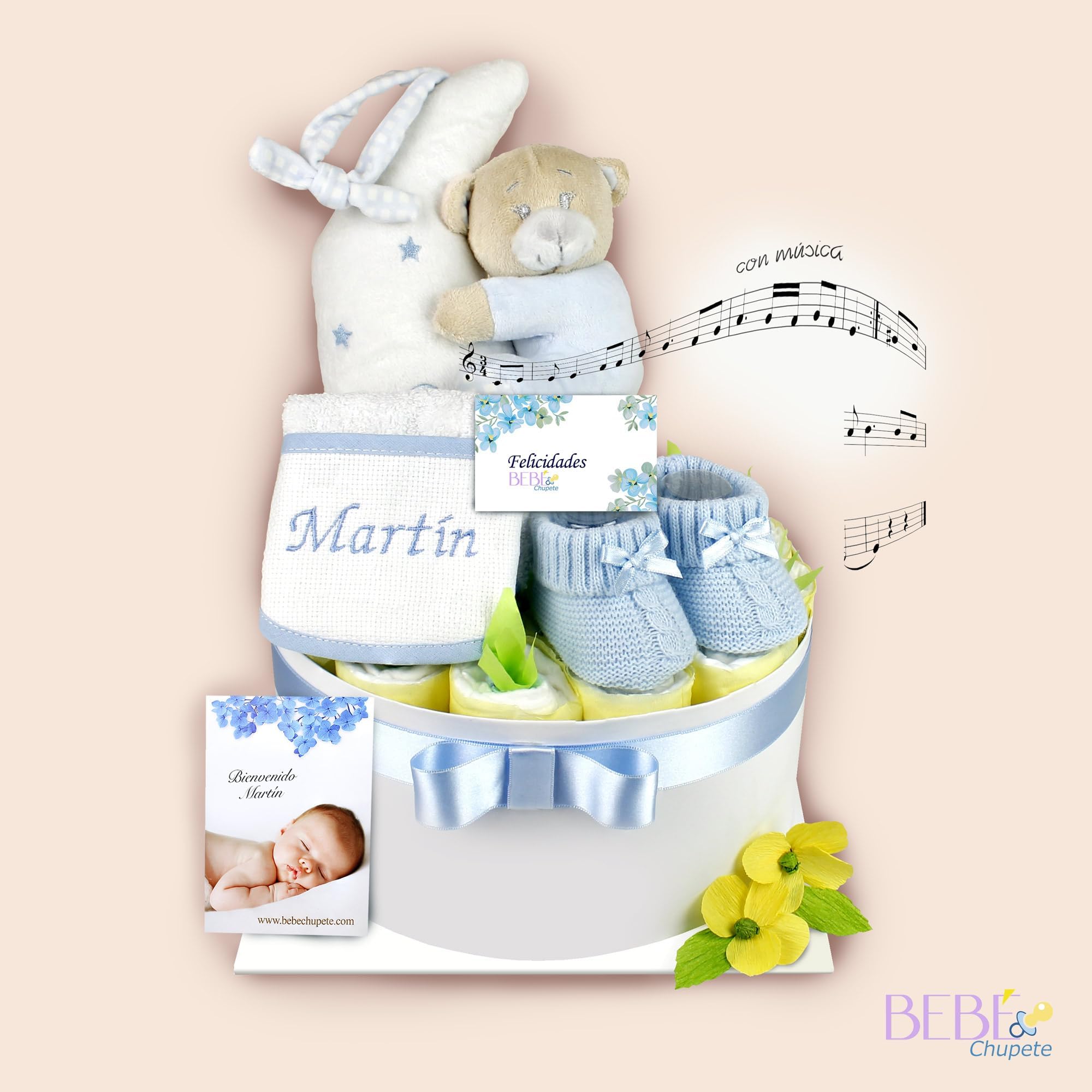 BEBÉCHUPETE Tarta de Pañales Personalizada DODO T - Canastilla bebe - Regalo bebe recien nacido niño/a - Cesta bebe recien nacido niño - Regalos para bebes recien nacidos (Azul)