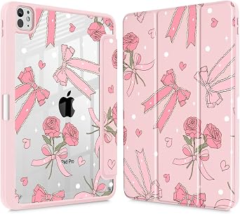 Tuiklol for iPad Pro 11 Inch M5 2025 / M4 2024 Case, Buit-in Pencil Holder with Slim Clear Back Cover Protection Trifold Stand-Auto Wake/Sleep Tablet Case, Black Flower Bow & Rose