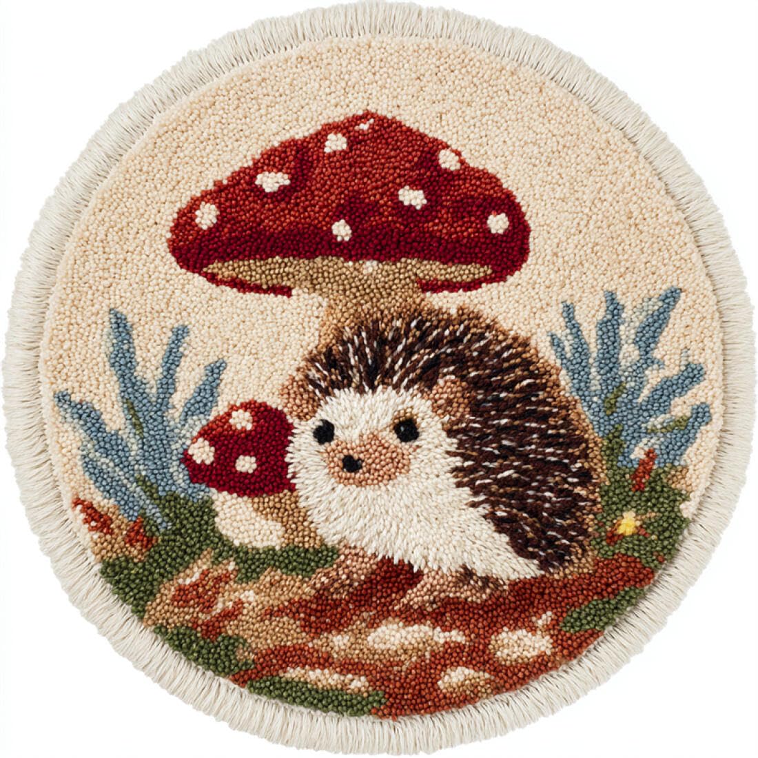 Rqwybcaxn DIY Latch Hook Rug Kit for Beginners Animal Crochet Starter Kit Hedgehog and Mushroom 60x60cm Round Washable Area Rug Bedroom Wall Hanging