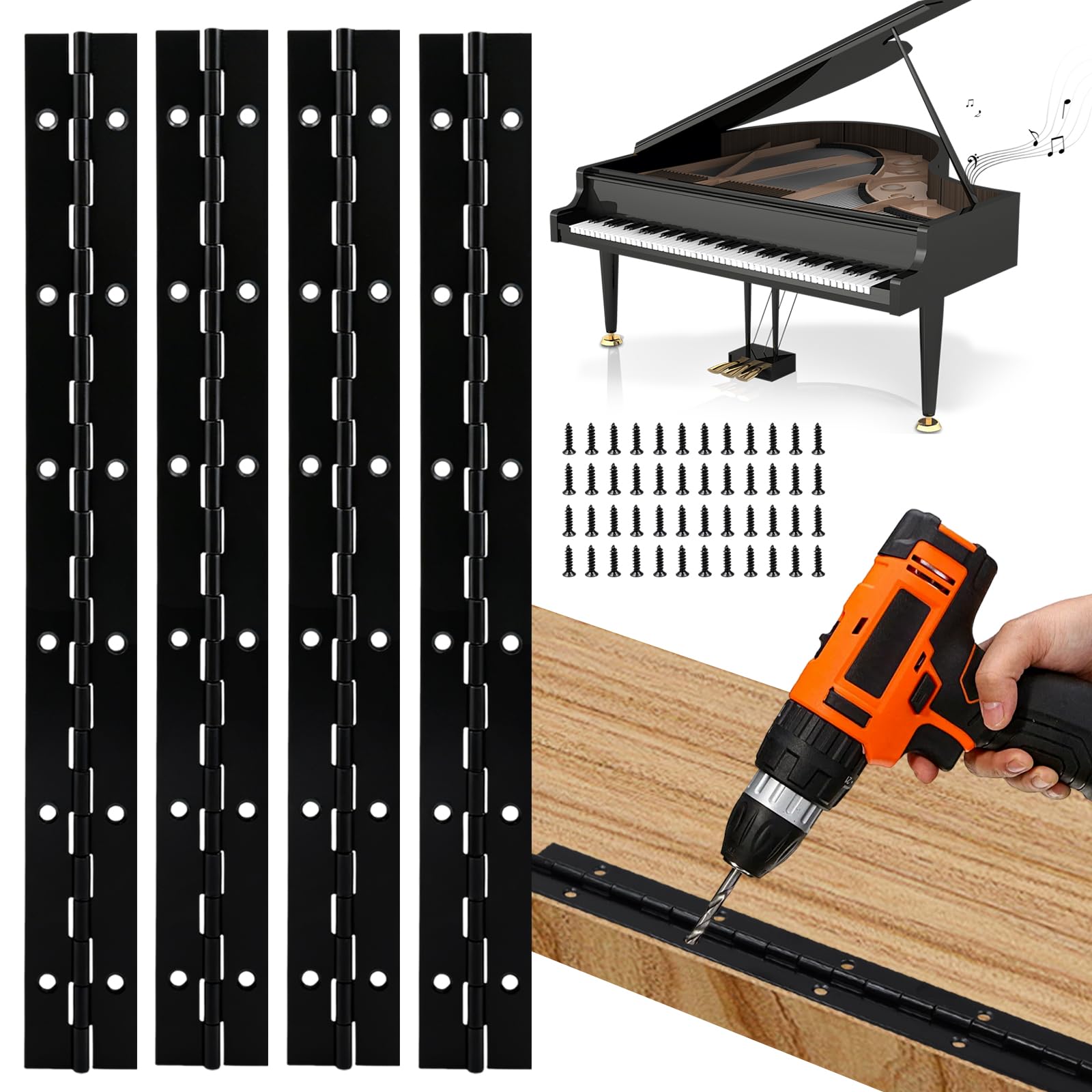 Ennoxwi 4Pcs Piano Hinges Stainless Steel, Continuous Hinges Heavy Duty for Wood, Hardware for Cabinet Door, Box, Piano, Boat Furniture Black