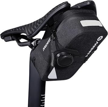 Nepest Bike Saddle Bag Waterproof 0.6L Bike Seat Bag Knob Closure, Black | Bicycle Seat Packs, Reflective Strips Mount for Signal Lights, Wear-resistant, Portable, Zipper Closed, Cycling Accessories