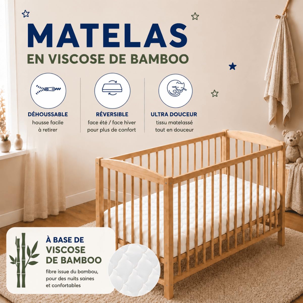 P'TIT LIT - Colchón desenfundable de viscosa de bambú + sábana mágica impresa 2 en 1 – Impermeable y transpirable – Soporte firme – Certificado Oeko-Tex & Certipur – 60 x 120 cm
