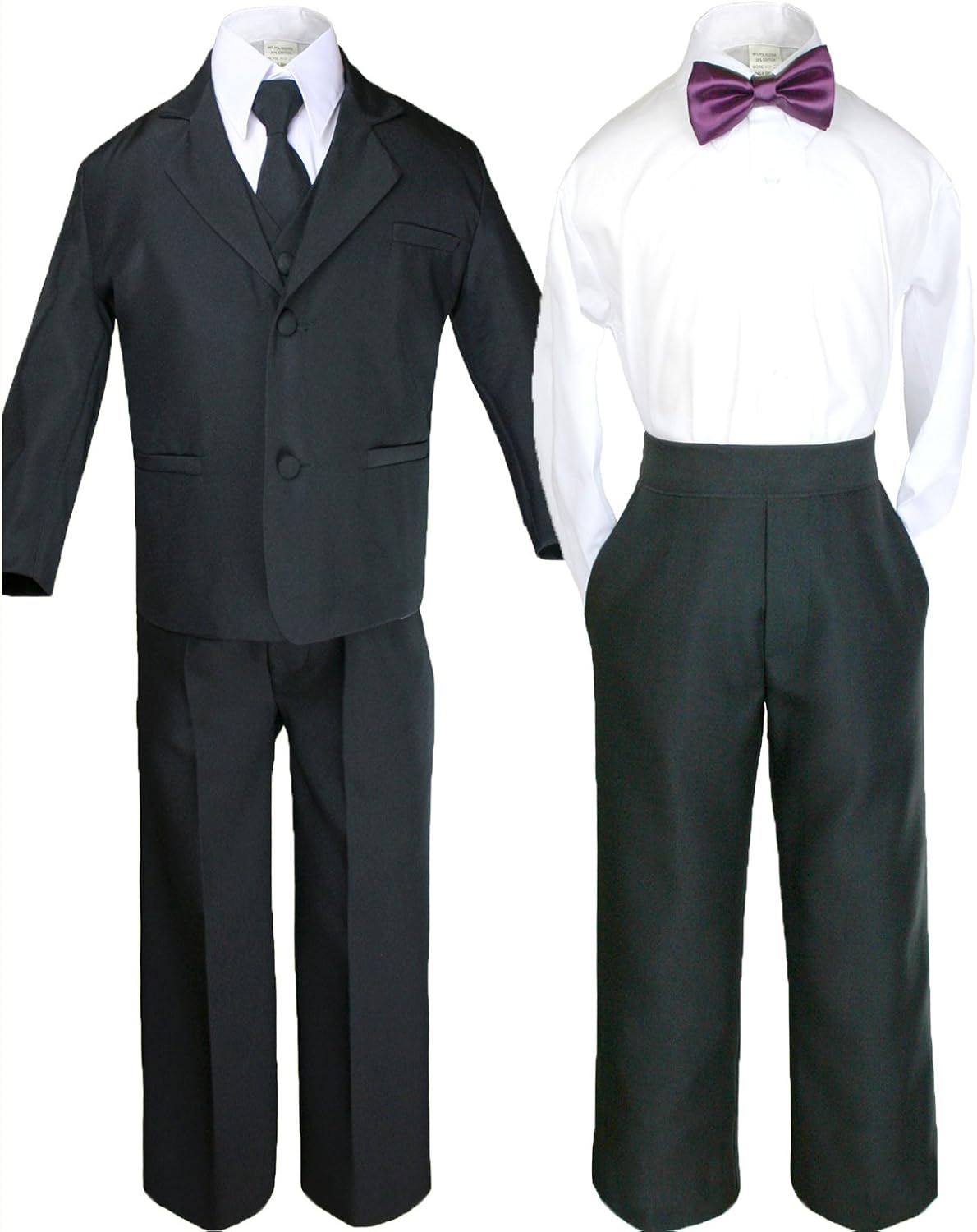 6pc Formal Boy Black Tuxedo Suit w/Satin Colors Bow tie from Baby Boy Teen (10, Eggplant Bow tie)