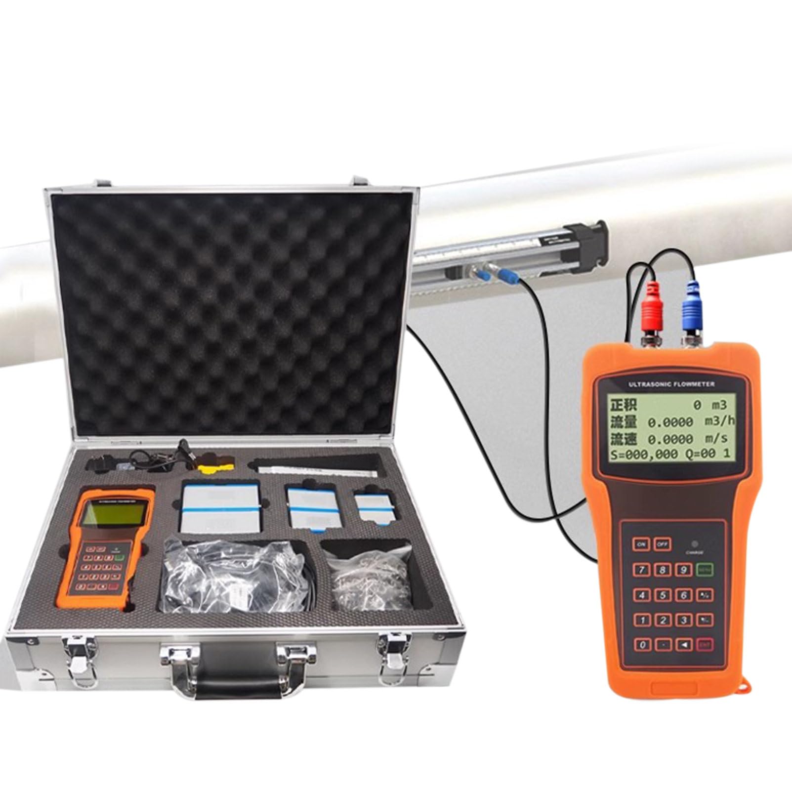 Medidor de Flujo Ultrasónico Portátil de Mano Con Sensor de Abrazadera (DN15-DN6000 mm) Medidor de Flujo de Agua Con Transductores de Abrazadera Para Uso Industrial,DN100