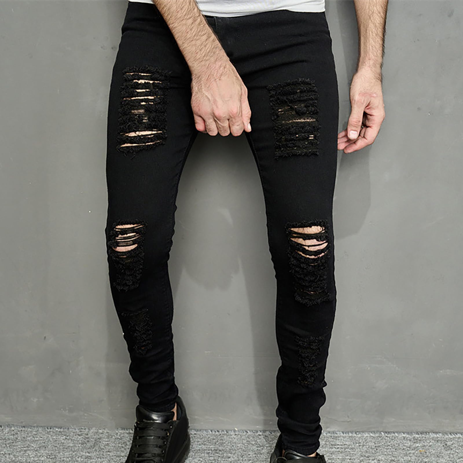 XUNRYAN 2024 Pants for Men Skinny Stretch Distressed Ripped Destroyed Slim Jeans Denim Pants Fashion Trousers w Pockets
