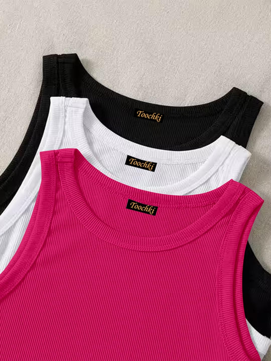 Paquete de 3 camisetas sin mangas acanaladas con cuello redondo para mujer