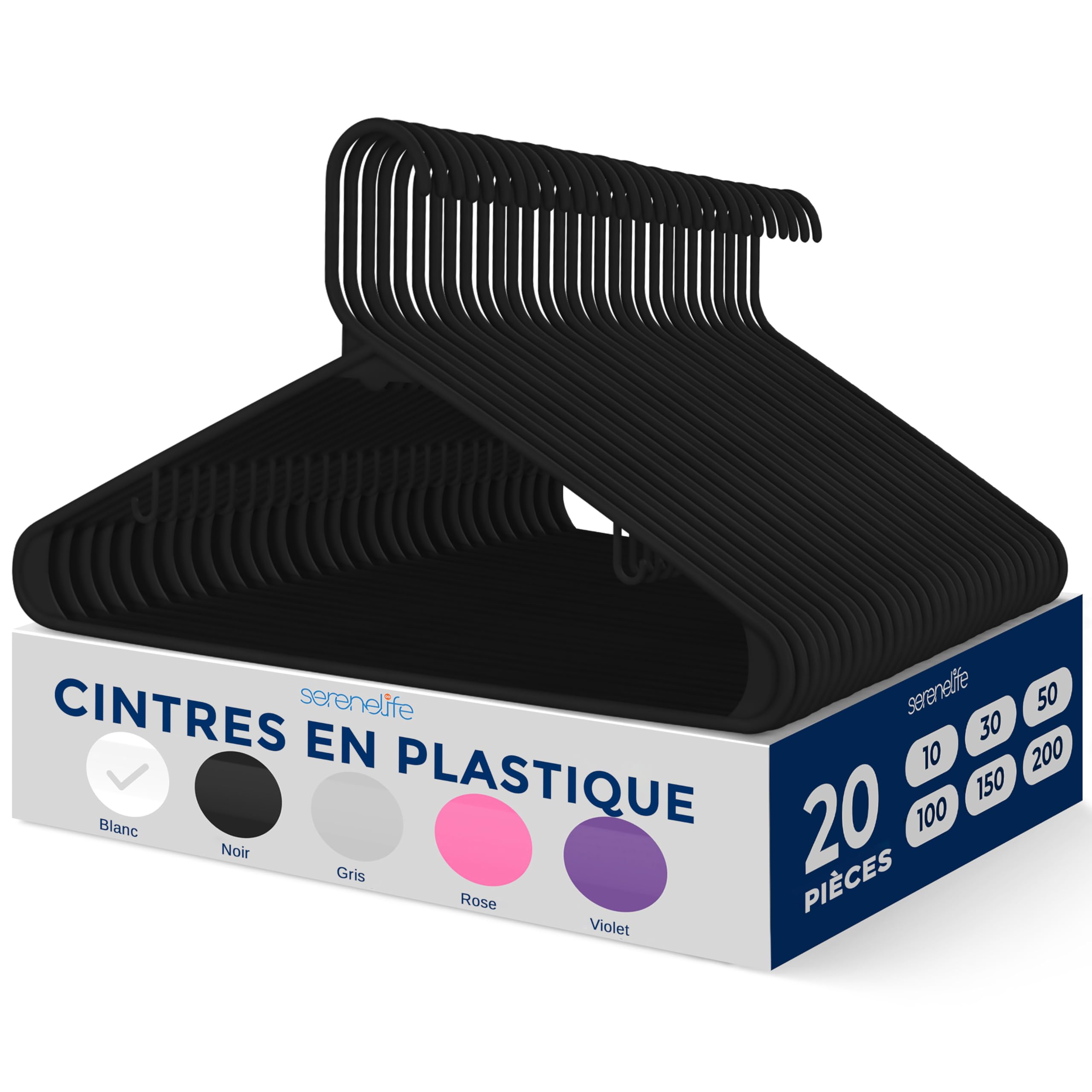 Cintres en plastique noir fins et antidérapants pour chemises et pulls | Lot de 20 SereneLife