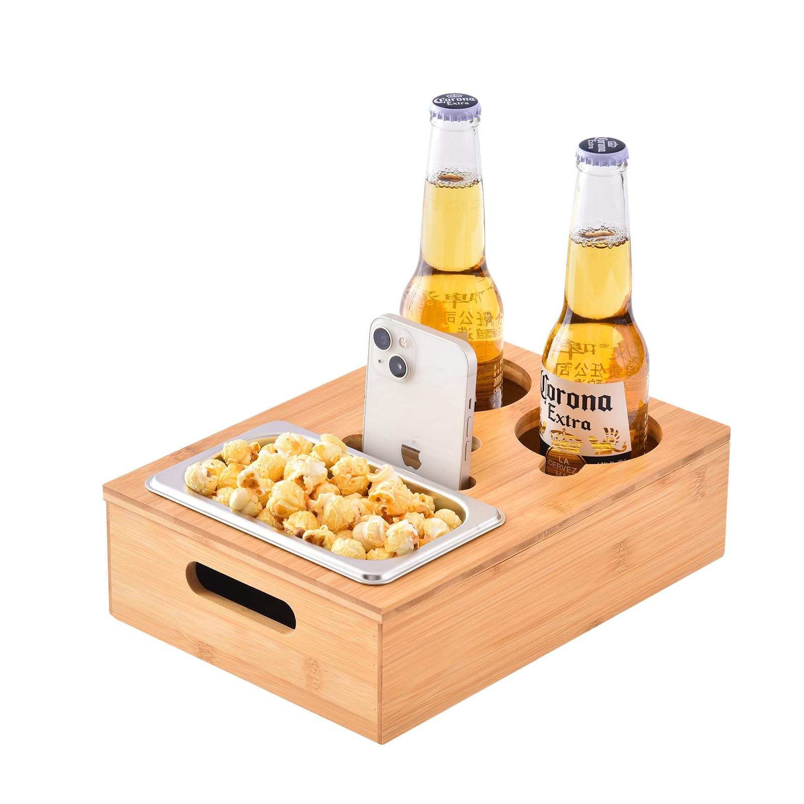 Couchbar Snackbox, Snackspender mit Snackschale, Bambus Sofatablett für Sofa, Deko, Couch Bar mit Getränkehalter, Abnehmbarer Deckel, Snackbox mit Fächern, Couch Organizer Tablett, Sofa Butler