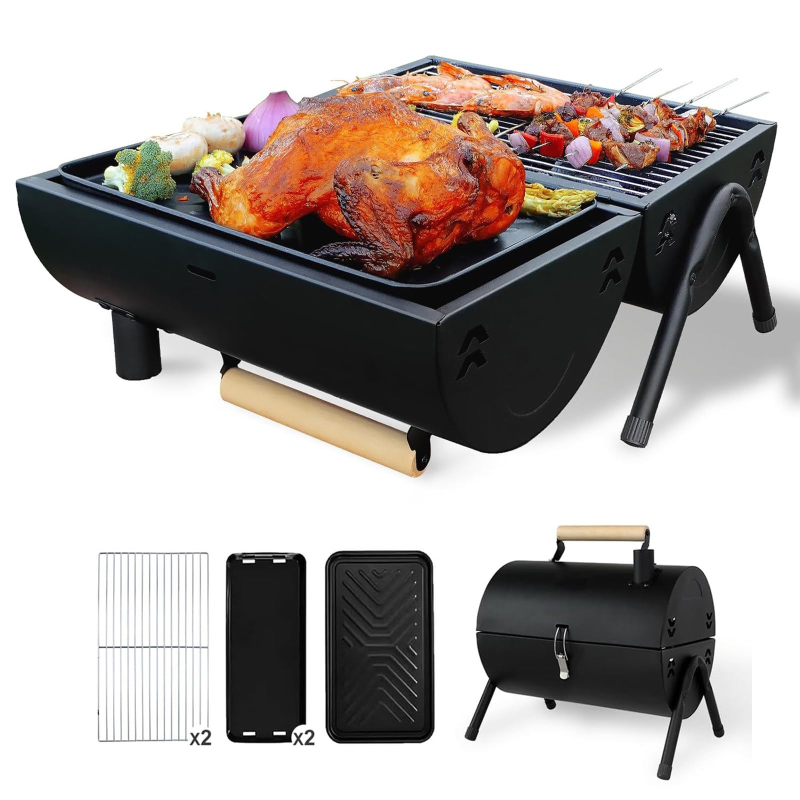 Barbecue portatile pieghevole a doppia faccia con camino, ideale per campeggio all'aperto, feste in giardino e cucina da tavolo