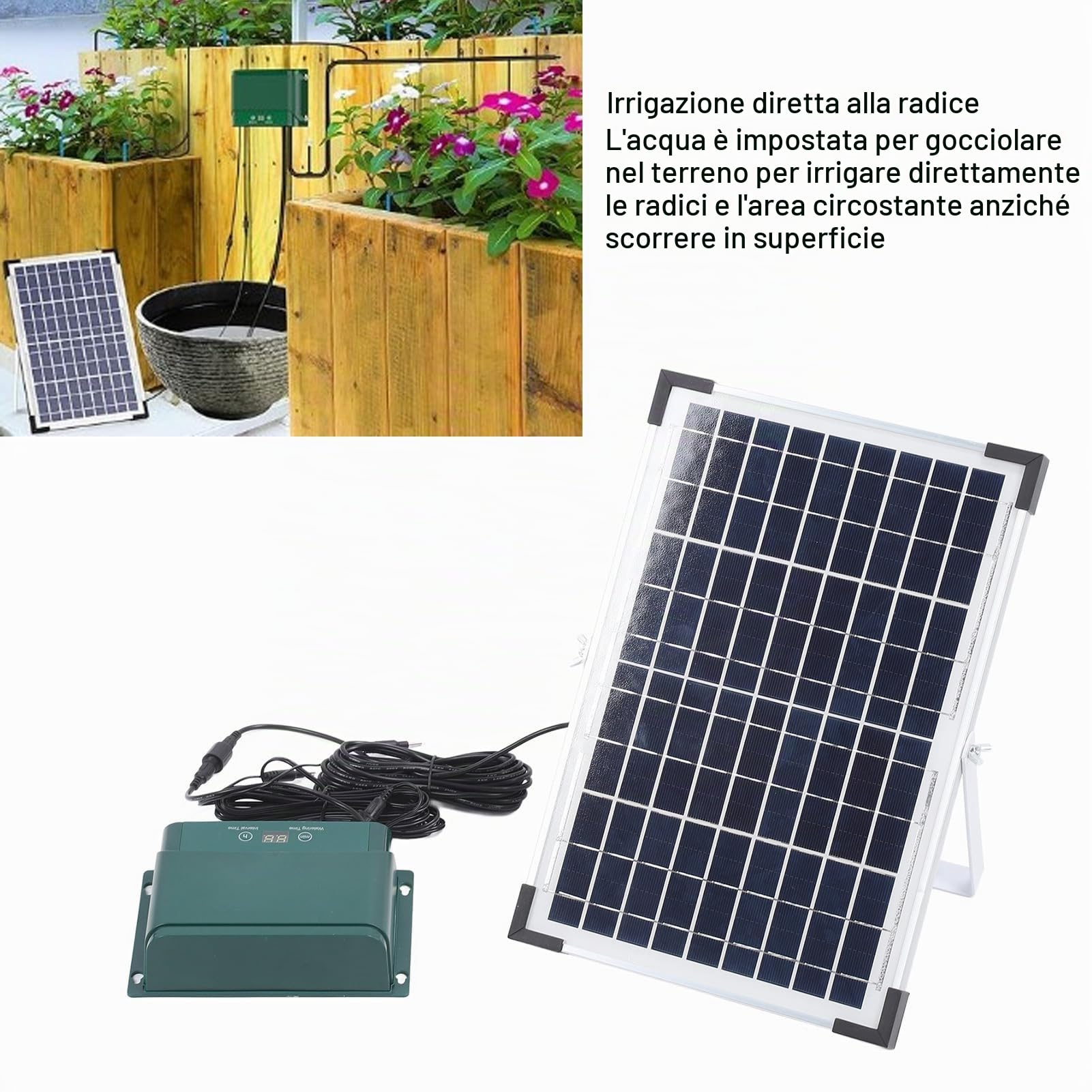 Kit di Irrigazione Solare a Goccia, Pannello Solare Regolabile Impermeabile 18V 10W di Irrigazione Automatica con Timer e Sensore di Livello Dell'acqua, per Interni Ed Esterni,