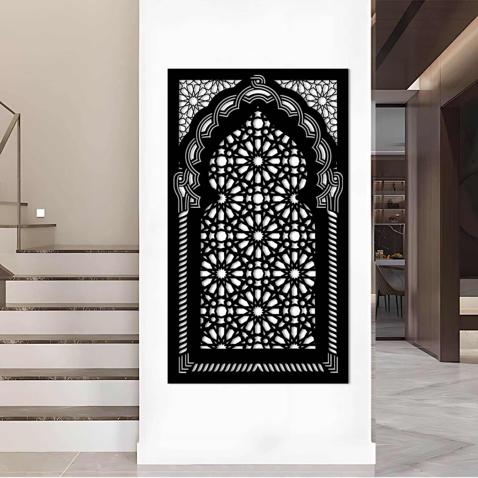 Schwarzes Mihrab-Motiv aus Metall, islamisches florales Wanddekor aus Metall, Gebetsraum-Kunstwerk zur Dekoration von Wohnzimmer, Schlafzimmer, Flur und Treppenhaus, Natur-Wohndeko (Schwarz,