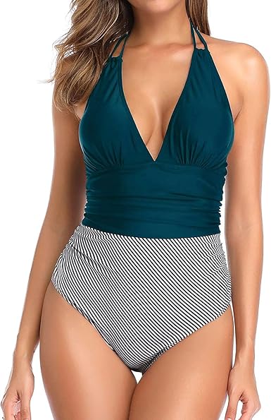 Holipick Women One Piece Swimsuit Tummy Control Halter Bathing Suit Sexy Plunge V Neck Swimwear
