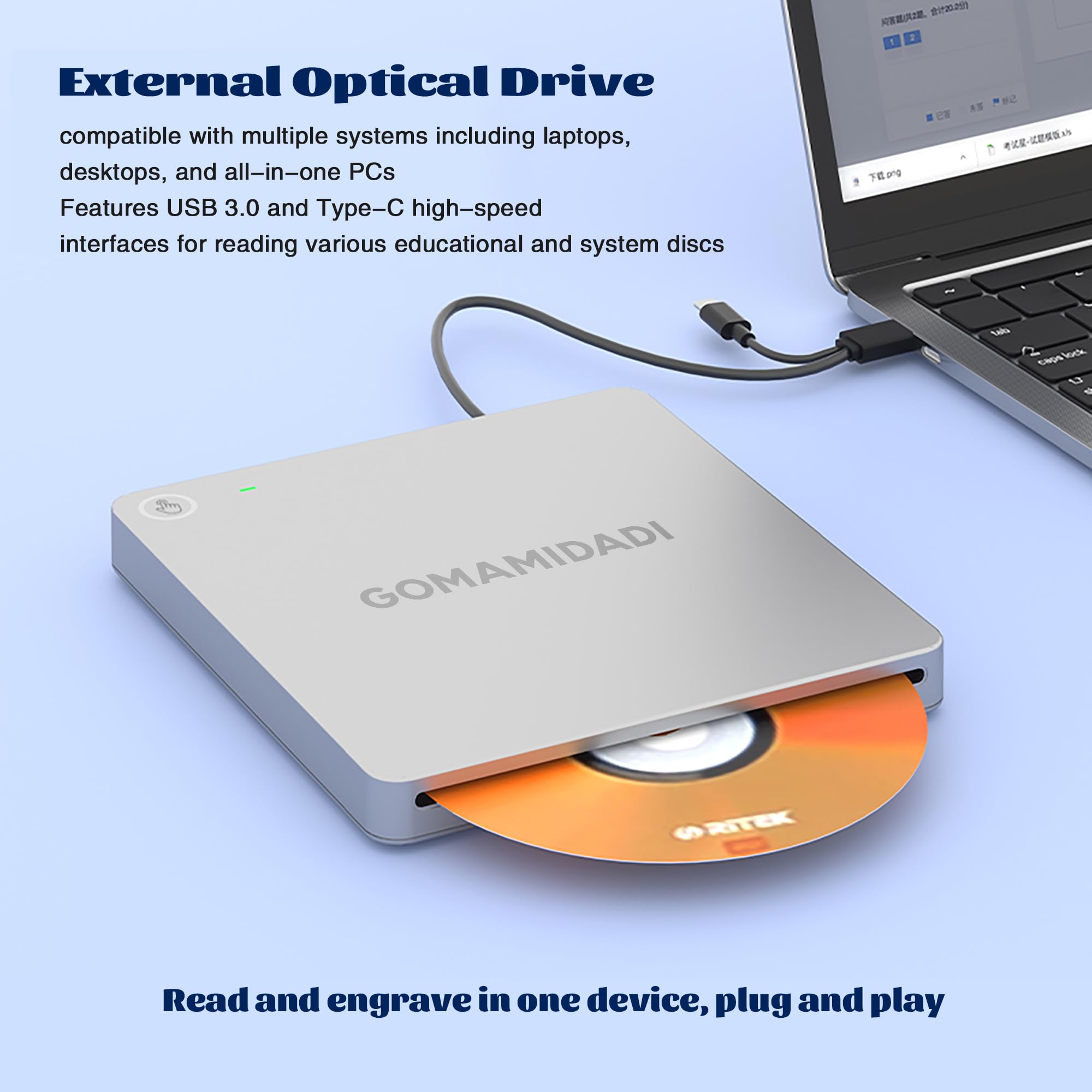 GOMAMIDADI USB 3.0 & Type-C External DVD CD Drive, Portable Burner & Reader for Laptop, PC, Mac, Windows 11/10/8/7, Plug & Play, Lightweight Design for Home, Office, and Travel Use