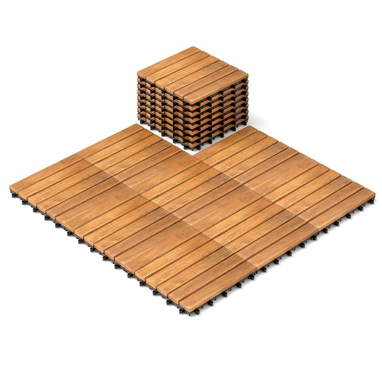 TANGZON Acacia Wood Deck Tiles, 30 x 30 cm Interlocking Patio Flooring with Click System & Drainage Base, Wooden Floor Tiles for Balcony Garden Indoor(27PCS, Linear Slat - Warm Brown) โ image 1