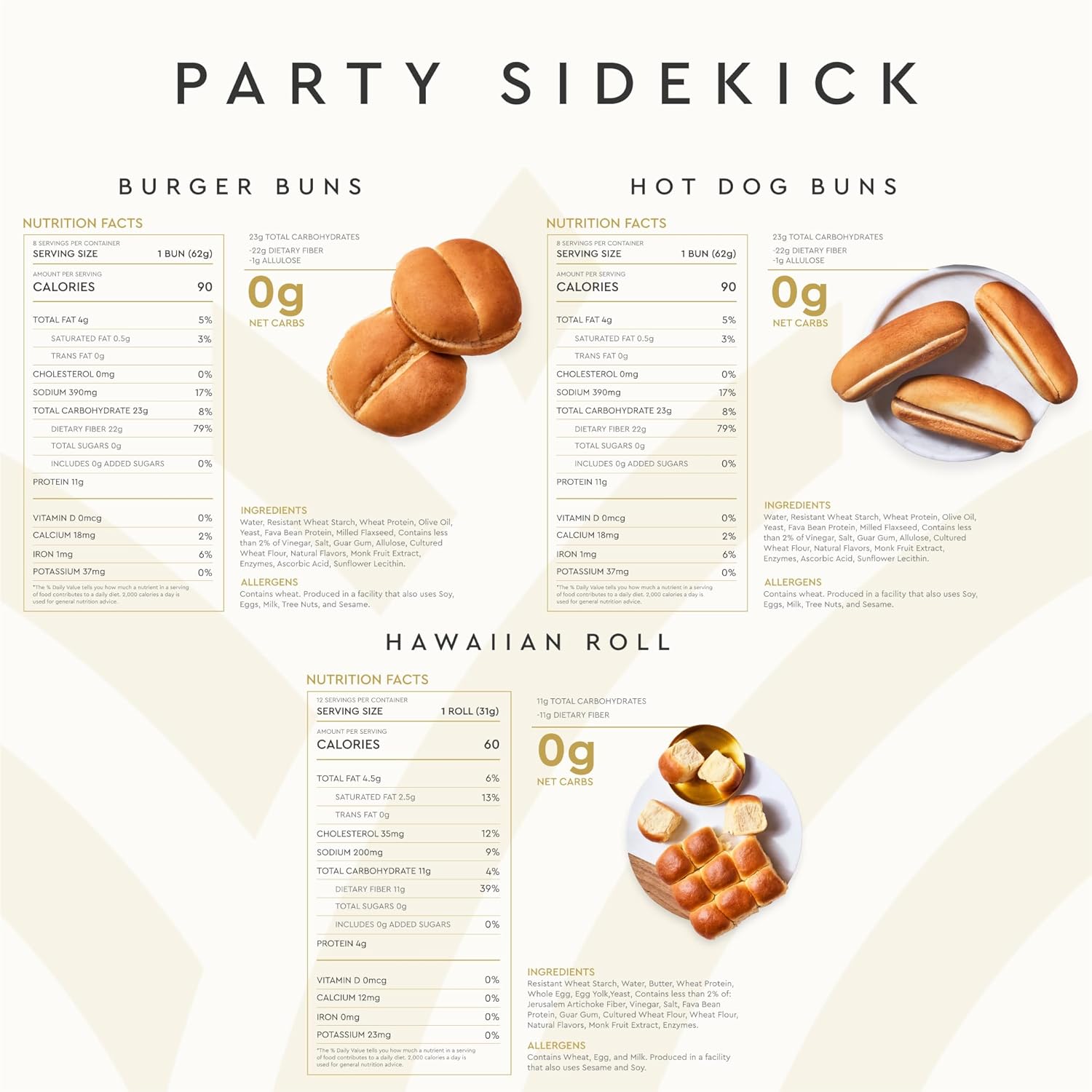 Hero Bread Party Sidekick Bundle — 0g Net Carb Hawaiian Rolls and 0g Net Carb, Hamburger Buns, & Hot Dog Buns | 0g Sugar, High Fiber, 100 Calories per serving | Net Low Carb & Keto-Friendly