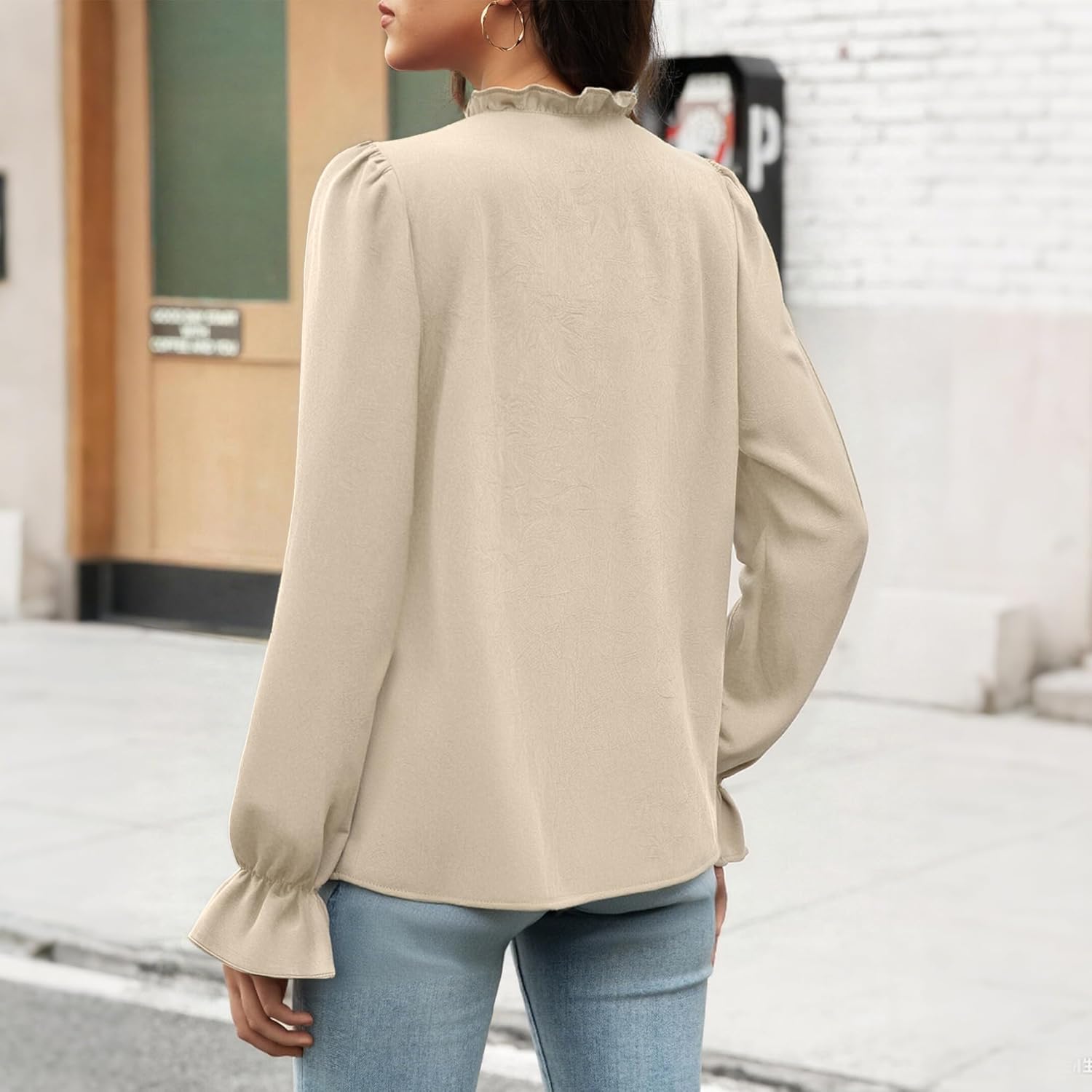 Womens Long Sleeve Ruffle V Neck Blouse Ruffles Trim Elastic Cuff Sleeve Shirt 2025 Fall Dressy Casual Tunic Top - Image 4