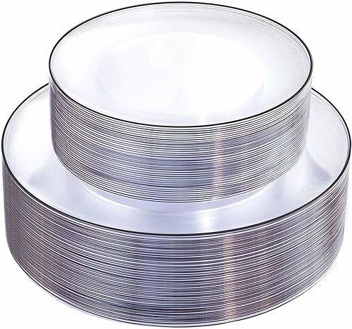 I00000 100 platos de plástico transparente y negro, platos desechables negros, platos de plástico transparente con ribete negro, incluyendo 50