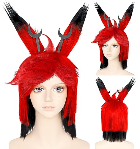 ANOGOL peluca 2 orejas2 cuernos peluca roja y negra Cosplay para mujeres peluca recta corta sintética para traje