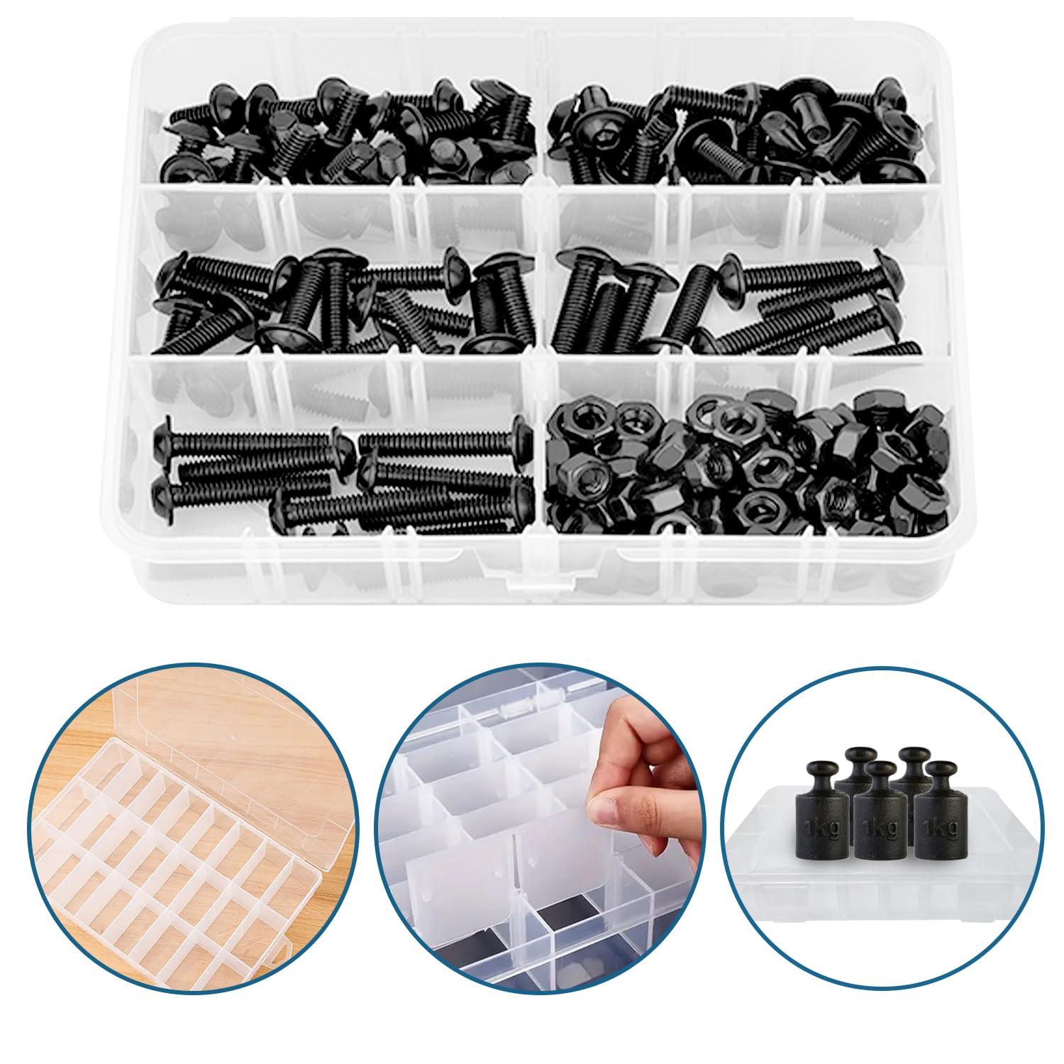 180 pcs M6 Hex Button Head Socket Cap Flange Bolt Assortment Kit/Screws & Nuts Set/Black Oxide, M6 x 14/16/18/25/30mm, Reusable Storage Case with Adjustable Dividers