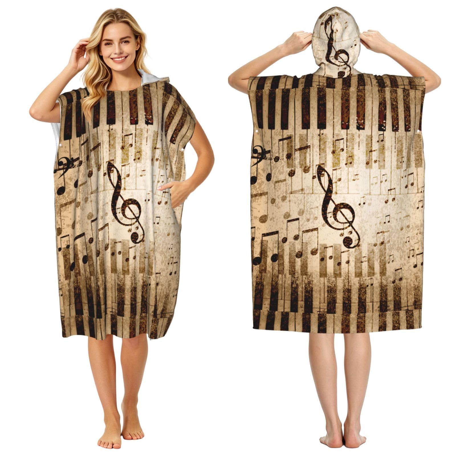 Poadnly Music Notes Piano, Adult Hooded Beach Towel 90 x 110 cm,Changing Bath Robe, Surf Poncho Towel For Women Men