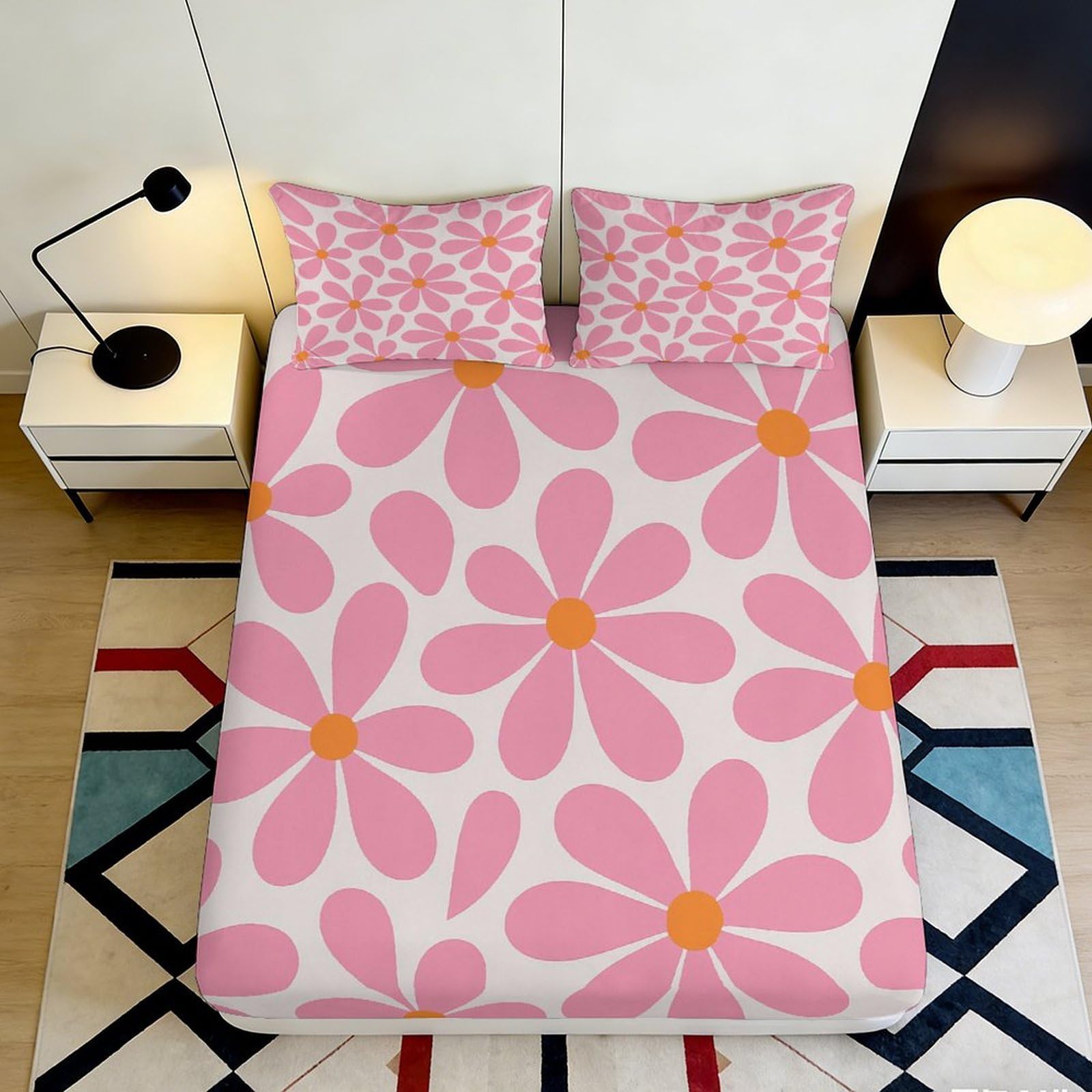 3D Printed Pink Flower Fitted Sheet Microfiber Soft Breathable Daisy Mattress Cover for Bedroom Decor Dorm Protection 140x200x25cm