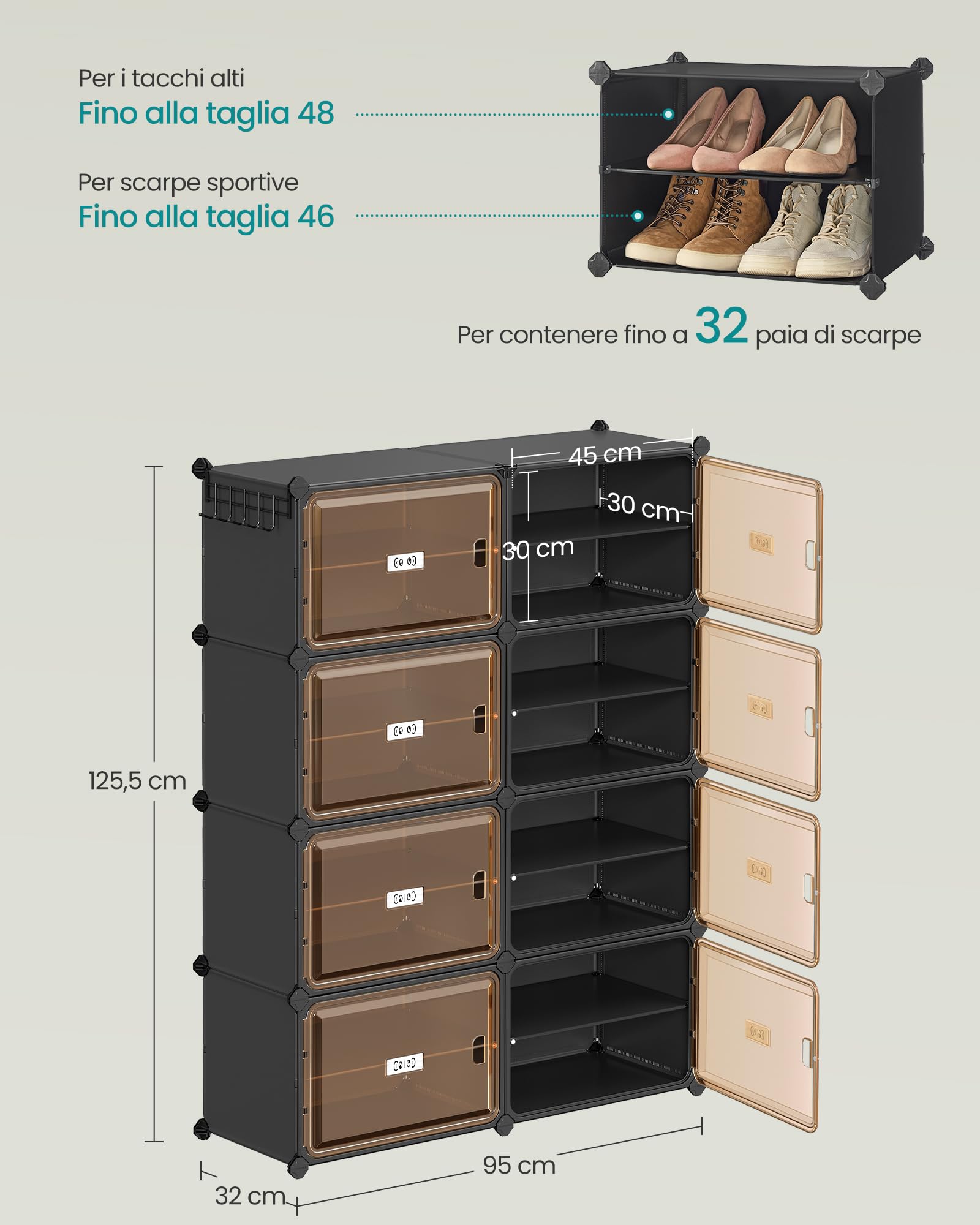 SONGMICS Scarpiera 8 Scomparti, Scarpiera Componibile Ingresso, 30 x 45 x 30 cm per Scomparto, Ante Trasparenti, Metallo, 32 Paia, Camera da letto, Nero Inchiostro e Marrone Trasparente LPC054BH01
