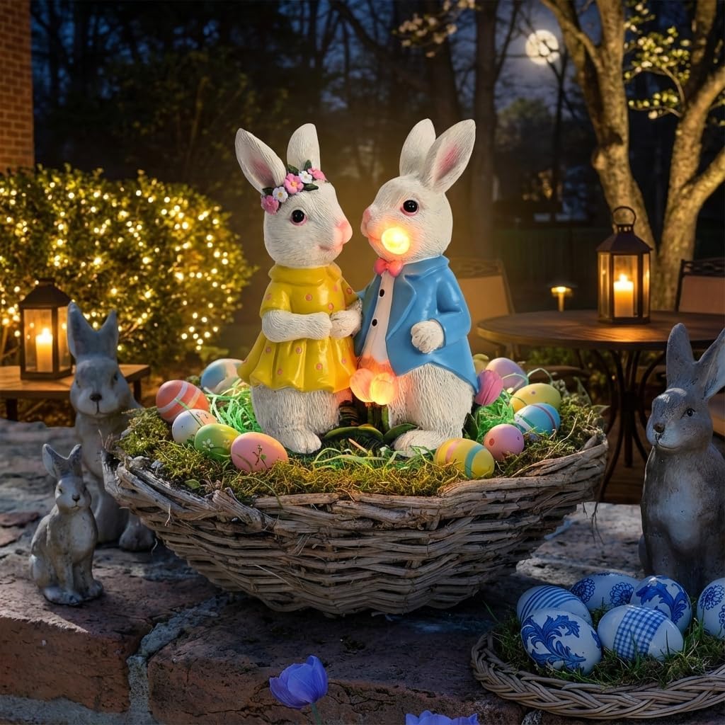 TERESA'S COLLECTIONS Easter Decorations Outdoor for Home, Metal Garden Gnomes Decor Yard Stakes, Pink & Blue Egg Rabbit Garden Stakes Gifts, Welcome Yard Signs for Outside Lawn Porch Patio