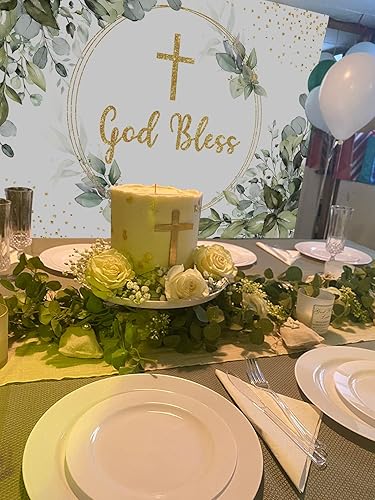 Miniatura 6 de Telón de fondo verde de 7 x 5 pies, decoración de fiesta de bautismo de primera comunión, decoración de vinilo verde y dorado eucalipto hojas verdes