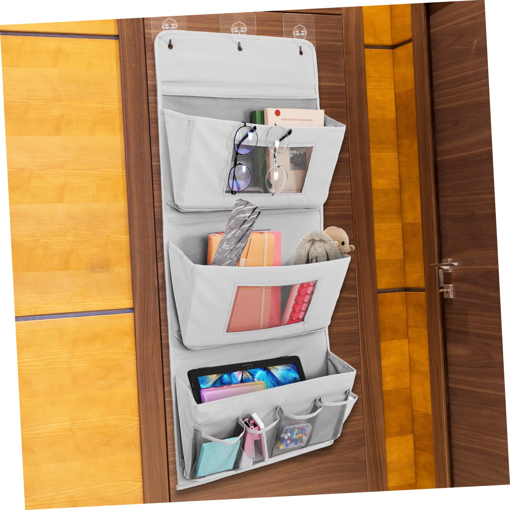 Organizer da Appendere Dietro Porta in Stoffa Grigio | Tasche Multiple di Varie Misure, Foro Multiplo, Lavabile e Semplice da Pulire