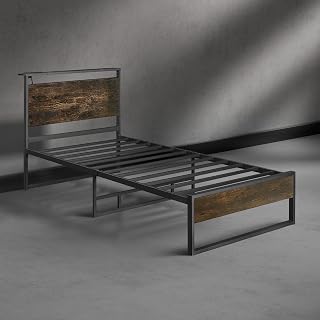 Bed Frame, Single Bed, 2 Outlets, 1 USB Bed Frame, Single Bed with Storage Shelf, Load Capacity 440.1 lbs 200 kg, Brown, 38.2 x 70.9 x 11.8 inches 97 x 203 x 30 cm