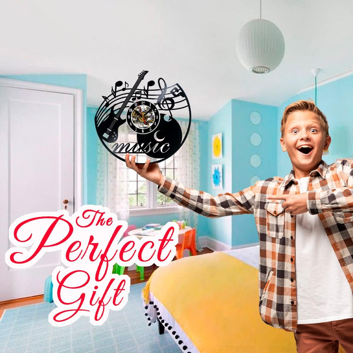 Music Guitar Treble Clef Notes Vinyl Record Wall Clock Surprise Ideas Best Friends Birthdays Art Home Room Decor Gift for Birthday Holiday Christmas 12” LP Clock Black