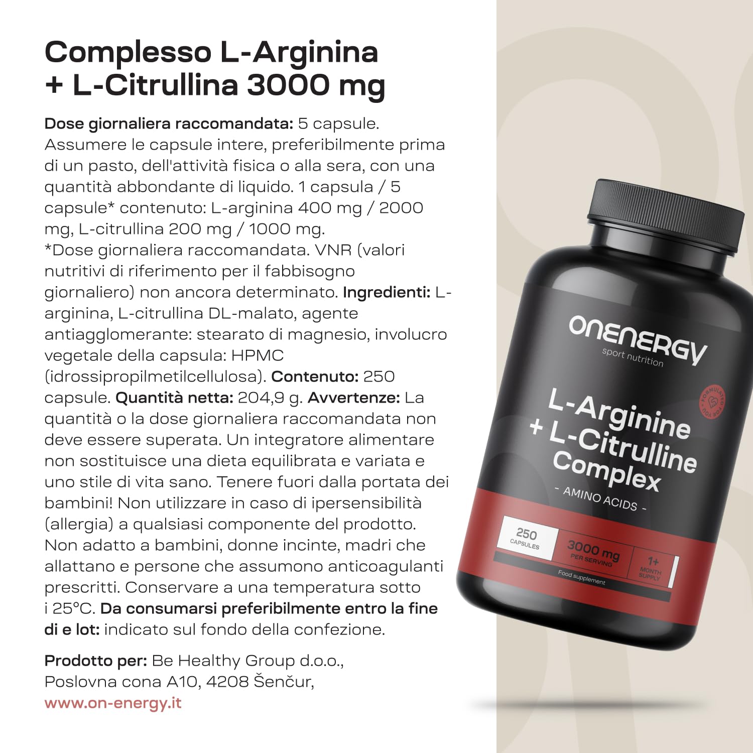 L-Arginina + L-Citrullina Complesso 3000 mg - 250 Capsule - Alto Contenuto di Aminoacidi - Aumenta l'Energia - Accelera il Recupero - Per Pre e Post Allenamento