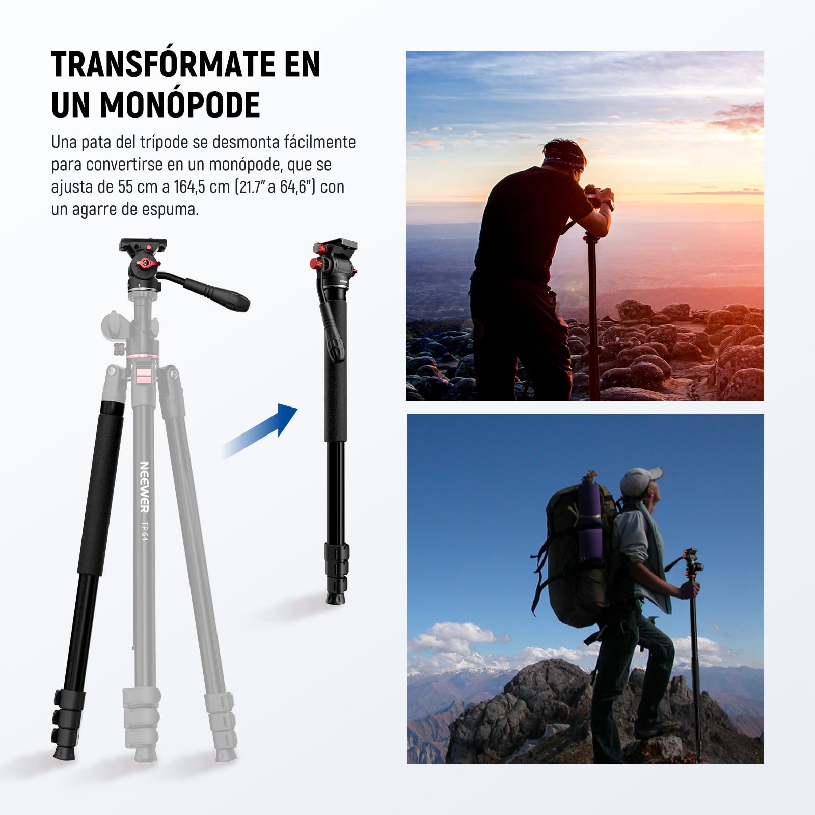 NEEWER Overhead Trípode Monopié Horizontal Cámara con Cabeza Fluida & Columna Central Flexible, 90 Inch Metálico DSLR Video Soporte Viaje, Placa QR Arca & Patas Invertidas, Carga Máxima 13,2lbs, TP64
