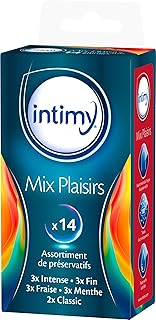 INTIMY - Mix Plaisirs - x14 - Assortiment de préservatifs lubrifiés - 5 sensations différentes - Intense, Fraise, Menthe, Fin et Classic - Latex de Caoutchouc Naturel - Sécurité et Qualité