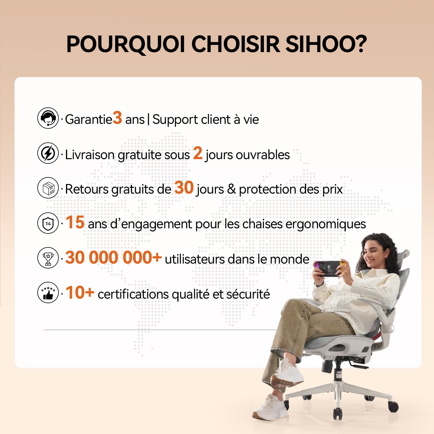 SIHOO B100 Chaise de Bureau Ergonomique Maille Respirante Support Lombaire Inclinaison 90-135° Gris Blanc