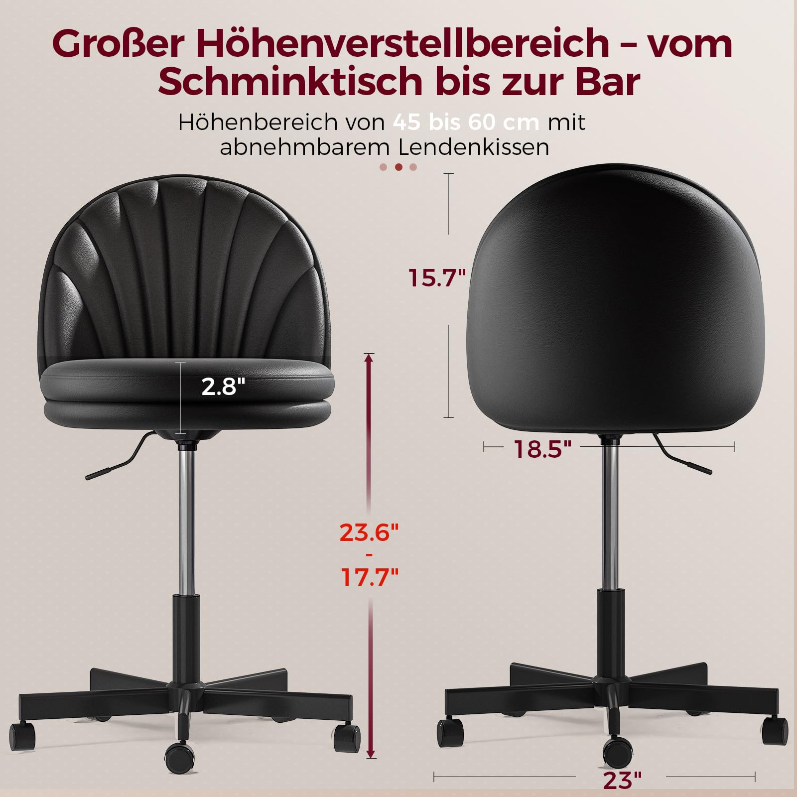COMHOMA Homeoffice Stuhl, Schminkstuhl, Schreibtischstuhl ohne Armlehnen, Drehstuhl mit Rückenstütze, Bequemer Bürostuhl auf Rollen, Höhenverstellbarer Home Office Stuhl,Kunstleder schwarz