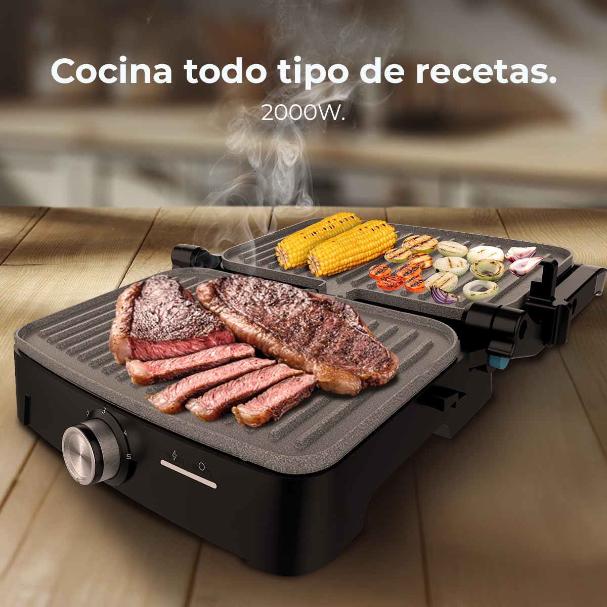 Cecotec Parrilla Eléctrica con Grill Rock'nGrill 2000 Full Open. 2000W, Apertura 180º, RockStone Antiadherente, Placa Flotante, Recogegrasas, Almacenamiento Vertical, Temperatura Regulable, 279x229mm