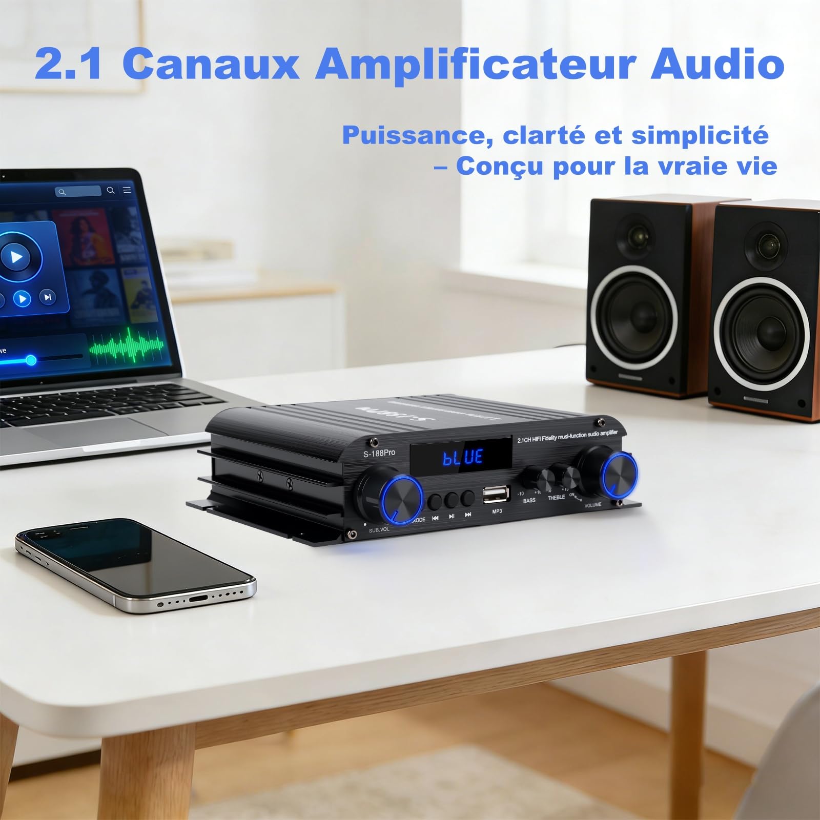 2.1 Chaîne Amplificateur Audio 50W×2 + Caisson de Basse 60W, 1000W Puissance de Crête, Bluetooth 5.3, Aux/USB/MP3, Réglage Grave/Aigu – Pour Home Cinéma, TV, Voiture