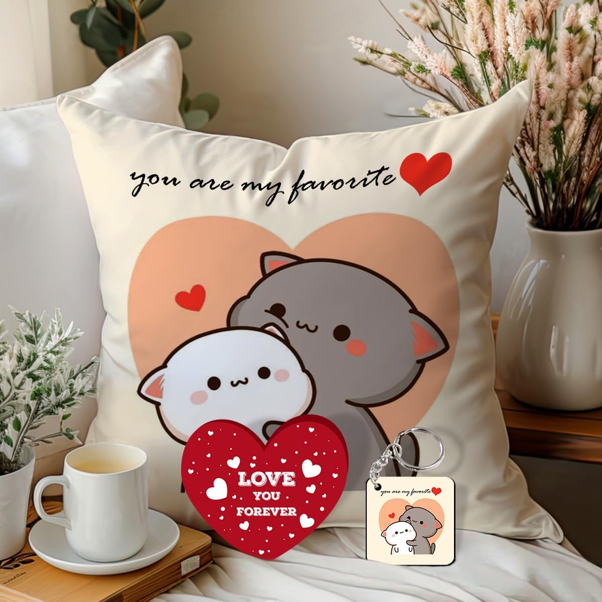 Cotton Peach and Goma Mochi Cat Pillow Cushion, Gifts for Boyfriend, Girlfriend | Peach Goma 12X12 Pillow, Keychain and Card-06,200 TC